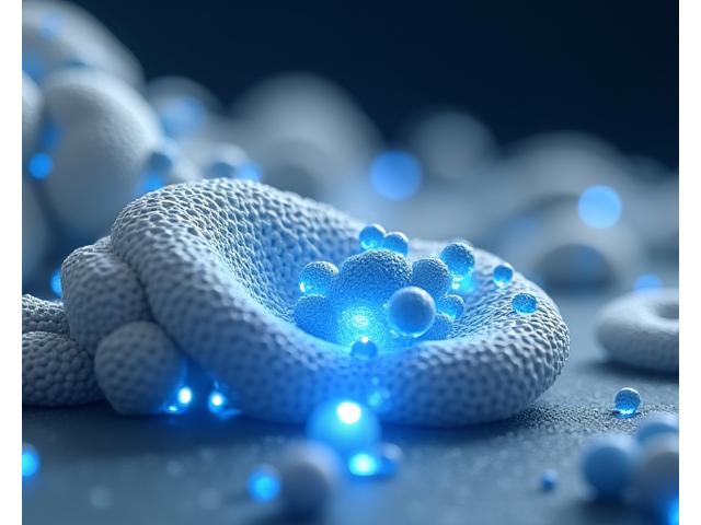 Microscopic image of a ceramic nanoparticle releasing a molecular drug, illustrating controlled drug delivery.